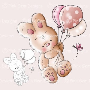 Digi Stamp Bunny Con Globos, Bunny Digistamp, Conejitos, Sello de Conejito, 1 Png Pre Coloreado y 1 Png Blackline incluido, Conejito de Cumpleaños, Bebé