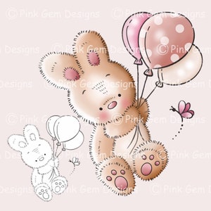 Digi Stamp Bunny With Balloons, Bunny Digistamp, Bunnies, Bunny Stamp, 1 Pre Coloured png and 1 Blackline png included, Birthday Bunny, Baby