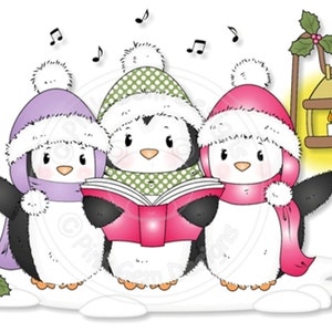 Digital (Digi) Cute Penguin Stamp 'Carol Singing Penguins' . Makes Cute Christmas Cards.
