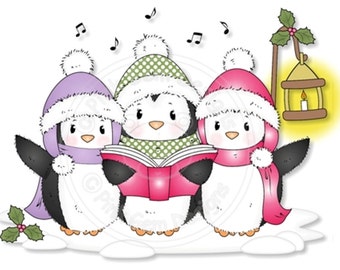 Digital (Digi) Cute Penguin Stamp 'Carol Singing Penguins' . Makes Cute Christmas Cards.