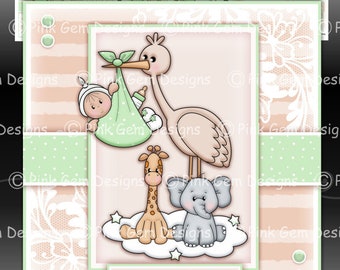 Baby Stork Downloadable Card Kit with Decoupage, Sentiments, Insert, Card Making Download 3 A4 JPG Printable Sheets. Baby Shower, New Baby