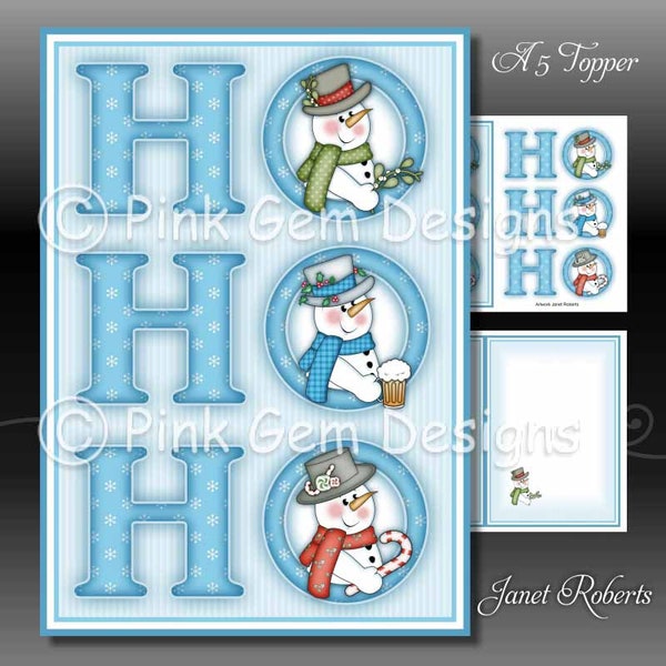 Ho Ho Ho Downloadable Card Kit with Easy Decoupage. Christmas. Card Making Download 2 A4 Printable Sheets. A5 Topper Snowmen