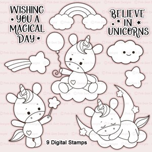 Believe In Unicorns Digital Stamp Set, 9 Black Line Art png files, Clipart, Colouring Files, Unicorn Digi Stamps, Digi Stamps, Digistamps