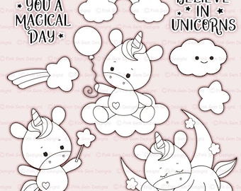 Unicorn Digital Stamp Set: Black Line Art Clipart (PNG Files)