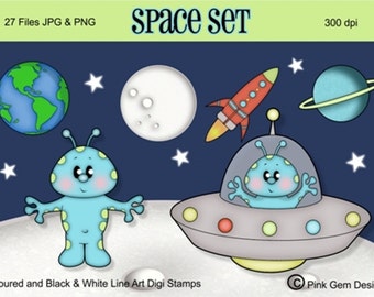 Space Digi Stamps Set: Alien, Rocket, Planets (Digital Download)
