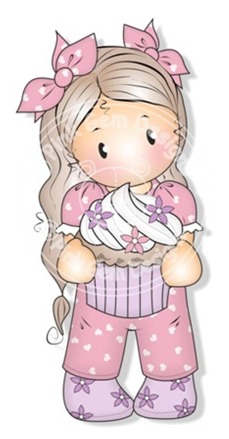 Digi Stamp Chloe with Cupcake,Birthday,Spring,Easter,Girl Digistamp,Girl Digi Stamp,Small Commercial Use,Colour & Blackline Files Included image 1