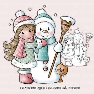 Tampon numérique Chloé Snow Hugs, Tampon numérique fille, 1 ligne png noire et 1 png précoloré inclus. Fabrication de cartes, Scrapbooking, Tampon numérique pour fille