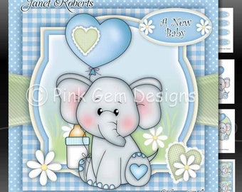 Downloadable Card Kit Ella With Heart Balloon Blue. Card Making Download. 6 A4 Printable Sheets. New Baby Boy
