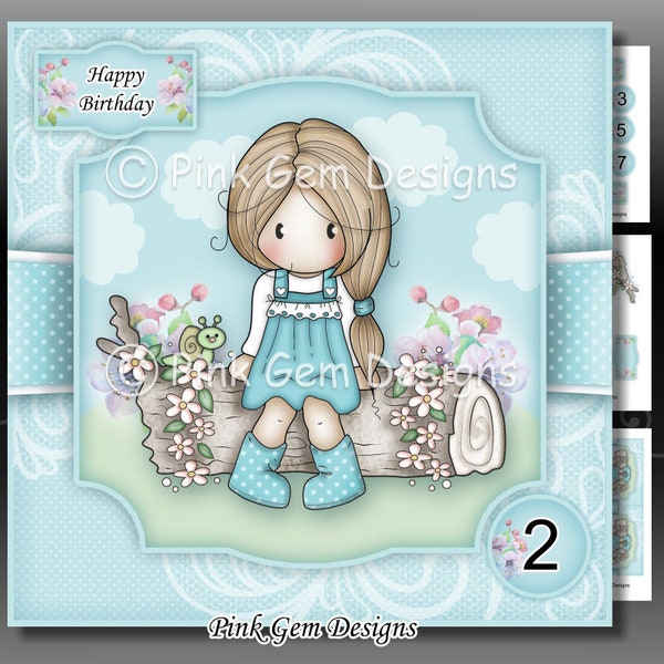 Spring Chloe Downloadable Card Kit with Decoupage and Optional Age Tags 2 to 7 yrs. Card Making Download 3 A4 Printable Sheets. Chloe.