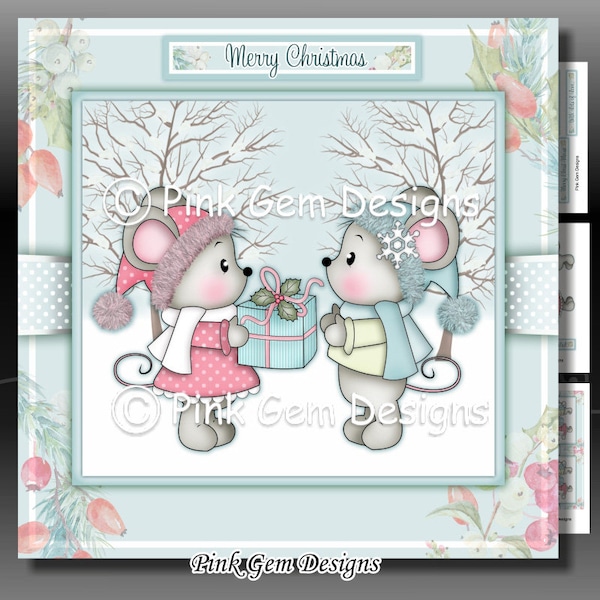 Christmas Gift Mice Downloadable Card Kit with Decoupage,Christmas Card Making Download 3 A4 Printable Sheets,Sentiments,Christmas Mice