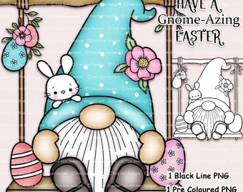 Digi Stamp Easter Swing Gnome, Digital Stamp, Digistamp, 1 Pre Coloured png and 1 Black Line png Included. Elf, Spring Gnome, Easter Eggs