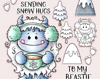Yeti Digi Stamp Set, Stamps, Snowman, 5 Pre-Coloured & 5 Black Line and 2 sentiment PNG Files, Clip Art, Download, Abominable, Snow Monster