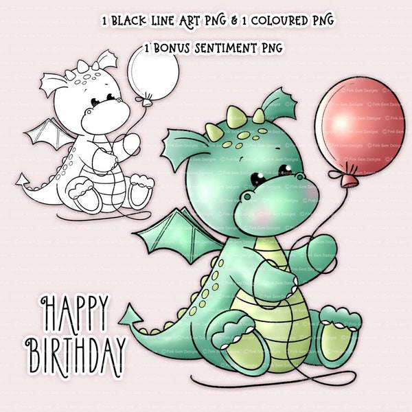 Digi Stamps Dani Dragon With Balloon, 1 Pre-Coloured & 1 Black Line Art Png Files Included, Dragon Digi Stamp, Clipart, Digistamps