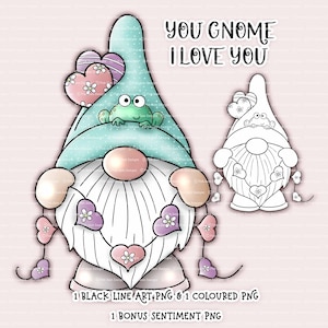 Digi Stamp Heart Gnome, Digital Stamp, Digistamp, 1 Pre Coloured png and 1 Black Line png Included. Elf, Birthday, Spring Gnome, Frog