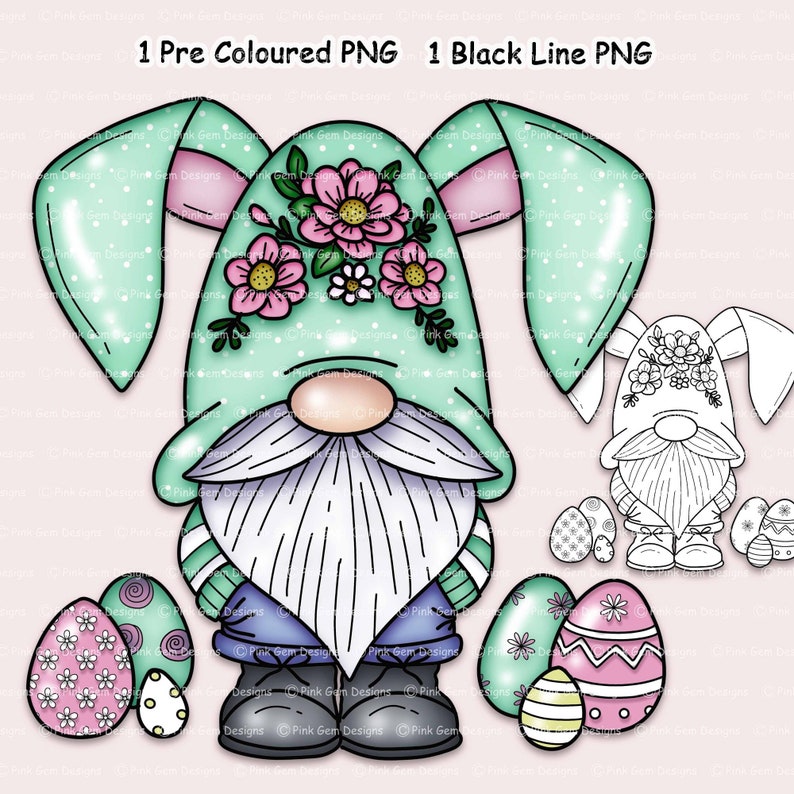 Digi Stamp Easter Gnome, digitale stempel, Digistamp, 1 voorgekleurde png en 1 zwarte lijn png inbegrepen. Elf, lentekabouter, paaseieren afbeelding 1