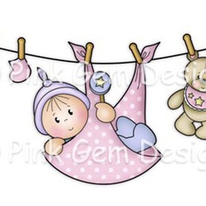 Digi Stamp Baby Washing Line. Black Line Art Work + Archivos precoloreados en Pink & Blue Incluido. Nuevo bebé. baby shower