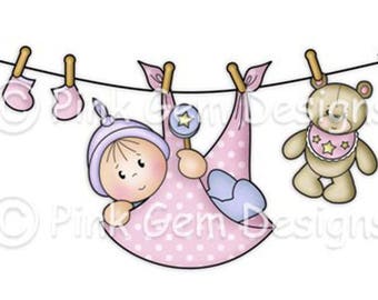 Digi Stamp Baby Washing Line. Black Line Art Work +  Pre Coloured files in Both Pink & Blue Included. New Baby. Baby Shower
