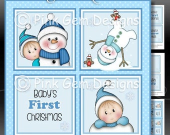 Baby Boy First Christmas Squares Downloadable Card Kit. Christmas. Card Making Download 3 A4 Printable Sheets. Sentiments. Insert