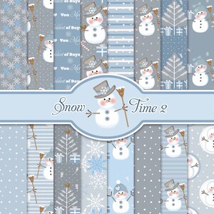 May include: A digital paper pack with 12 different patterns featuring snowmen, snowflakes, and winter-themed designs. The patterns are in shades of blue, grey, and white. The text "Snow Time 2" is written on a blue banner.