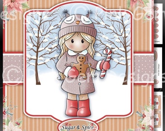 Downloadable Card Kit with Decoupage, Sugar & Spice Chloe, Christmas Card Making Download 3 A4 Printable Sheets, Sentiments, Gingerbread