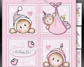 Baby Girl Squares Downloadable Card Kit,New Baby,Card Making Download 3 A4 Printable Sheets,Sentiments,Baby Girl Download