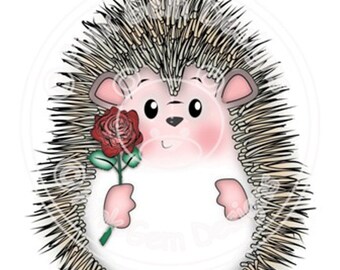 Digital Digi Stamp  Hedgy with Rose - Birthday, Hedgehog, Valentines, Mothers Day, Love. Card Making. Scrapbooking