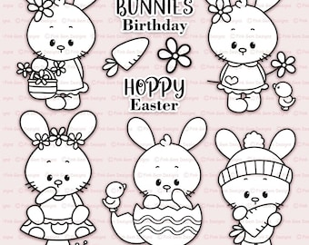 Spring Bunny Clipart: Black Line Art PNG Stamps (Digital Download)