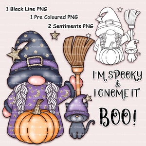 Digi Stamp Scandinavian Witchy Gnome,  Tomte, Nisse, Nordic Halloween Gnome, 1 Pre-Coloured Png and 1 Black Line Png, 2 Bonus Sentiments