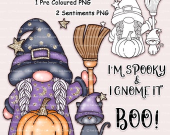 Digi Stamp Scandinavian Witchy Gnome,  Tomte, Nisse, Nordic Halloween Gnome, 1 Pre-Coloured Png and 1 Black Line Png, 2 Bonus Sentiments