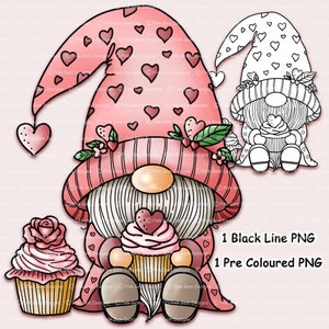 Gnomo de cupcake con sello digital, sello digital, digistamp, png precoloreado, png de 1 línea negra, gnomos, primavera, San Valentín, clipart de gnomo, para colorear