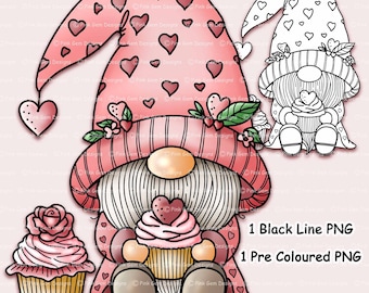 Digi Stamp Cupcake Gnome, Digital Stamp, Digistamp, Pre Coloured png, 1 Black Line png, Gnomes, Spring, Valentine, Gnome Clipart, Colouring