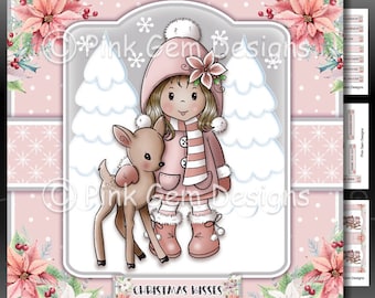 Winter Willow Downloadable Card Kit with Decoupage, Christmas Card Making Download 3 A4 Printable Sheets, Sentiments, Willow, Girl Christmas