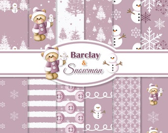 Barclay Bear & Snowman Pink Seamless Digital Papers,13 Digital Christmas Papers,Digital Paper,Teddy Digital Papers,Small Commercial Use