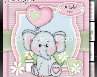 Downloadable Card Kit Ella With Heart Balloon Pink. Card Making Download. 6 A4 Printable Sheets. New Baby Girl