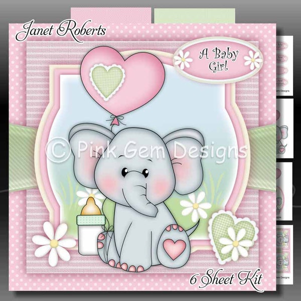 Downloadable Card Kit Ella With Heart Balloon Pink. Card Making Download. 6 A4 Printable Sheets. New Baby Girl