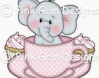 Digi Stamp  'Teacup Ella' - Birthday, Elephant, Party Invitations etc