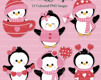 Cute Valentine Penguins Clipart Set,Penguin Coloured Digital Images,12 png files,Digital Scrapbooking,Penguin Digi, Small Commercial Use