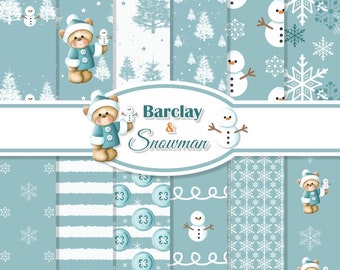 Barclay Bear & Snowman Seamless Digital Papers,13 Digital Christmas Papers,Snowman Digital Paper,Teddy Digital Papers,Small Commercial Use