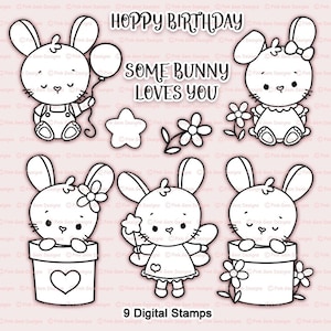 Bunny Digital Stamp Set, 9 Black Line Art png files, Love, Clipart, Colouring Files, Bunnies Digi Stamps, Baby Digi Stamps, Digistamps