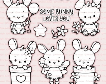 Bunny Black Line Art Clipart: 9 PNG Files (Digital Stamp Set)