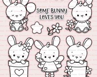 Bunny Digital Stamp Set, 9 Black Line Art png files, Love, Clipart, Colouring Files, Bunnies Digi Stamps, Baby Digi Stamps, Digistamps