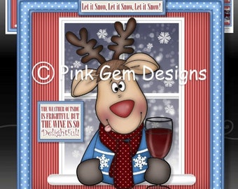 The Wine Is So Delightful  Downloadable Card Kit with Decoupage. Reindeer Christmas. Card Making Download 3 A4 Printable Sheets.