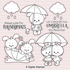 Rainy Day Bunnies Digital Stamp Set, 6 Black Line Art png files, Clipart, Colouring Files, Bunny Digi Stamps, Baby Digi Stamps, Digistamps