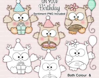 Birthday Owls Digi Stamp Set: Cake, Sentiment (PNG Files)