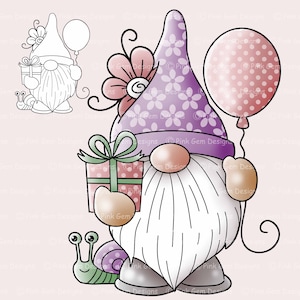 Gnomo de cumpleaños Digi Stamp, sello digital, Digistamp, 1 png precoloreado y 1 png de línea negra incluidos. Elfo, Cumpleaños, Gnomo De Primavera, Globo