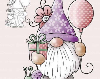 Digi Stamp Birthday Gnome, Digital Stamp, Digistamp, 1 Pre Coloured png and 1 Black Line png Included. Elf, Birthday, Spring Gnome, Balloon