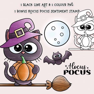 Halloween Witchy Cat Digi Stamp, Trick or Treat Clipart (PNG)