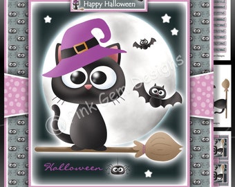 Halloween Cat  Downloadable Card Kit with Decoupage. Halloween. Trick or Treat. Halloween Birthday, Black Cat, Cat on Broomstick, Spooky