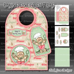 Digital Download 'Baking Ginger' Printable Gift Bag, Gingerbread Man Printable, Christmas, Cookies, Crafting image 1