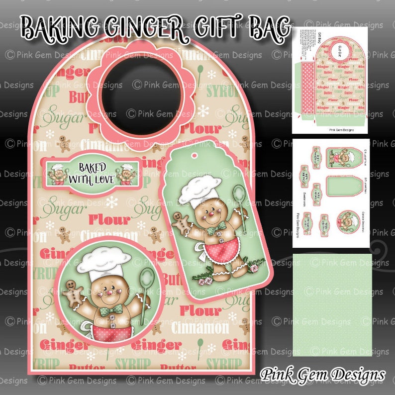 Digital Download 'Baking Ginger' Printable Gift Bag, Gingerbread Man Printable, Christmas, Cookies, Crafting image 1